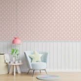 Fototapete Punkte Rosa Weiß mit Holzpaneel – Vliestapete verspielt & erweiterbar 