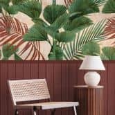 Fototapete Dschungelgrün mit Holzpaneel Rot Beige – Tropische Vliestapete erweiterbar 