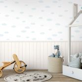 Fototapete Wolken Hellblau Beige mit Holzpaneel – Vliestapete sanft & erweiterbar 