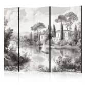 Paravent, Raumteiler freistehend, Trennwand - Black and White Vintage Landscape: Pond with Boat 
