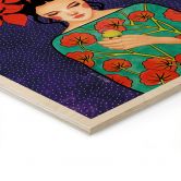 Holzbild Frau mit roter Blütenkrone und Vogel - Hülya 