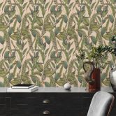jungle tapet creme grøn - non-woven tapet blomstret med blade og blomster 