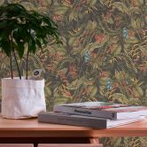 jungle motief behang groen - vliesbehang met rood blauwe bloesems 