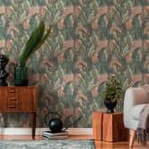 Tapete mit Palmenblättern Hellgrün Rot - Florale Vliestapete Dschungel-Motiv 