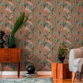patroonbehang met bladeren en grassen oranje groen - jungle vliesbehang 