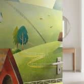 Türfolie Kinderzimmer - Bunter Bauernhof in den Bergen - DigitalArtsi - Selbstklebende Türdeko 