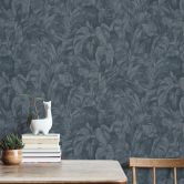Non-woven tapet med junglemotiver i blå, grå 