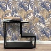 Vlies Tapete Tropische Blätter in Blau Beige mit Monstera Look modern elegant 