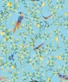 Non-woven wallpaper birds, flowers floral nature matt in blue  