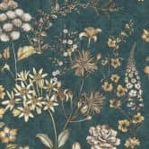 Papier peint fleuri Pétrole, jaune Vintage country papier peint Plantes, feuilles - Échantillon Papier peint intissé Fleurs 