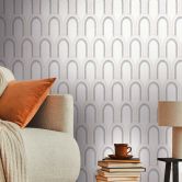 Patterned wallpaper with arches art deco style white silver - graphic wallpaper retro look  