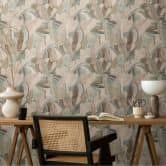 Abstrakte Blätter-Tapete in Beige Grün Blau – Sanfte Naturtöne – Vliestapete 