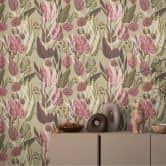 Botanisk tapet beige pink - Tapet med mønster og blade - Ikke-vævet tapet 