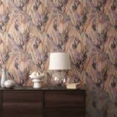 Jungle behang paars beige - pastelkleurige bladeren modern - Vliesbehang 