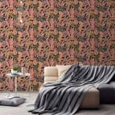 Papier peint Feuilles Noir Orange Rose - Papier peint intissé Jungle Plantes 