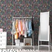 Papier peint aquarelle floral gris foncé multicolore - papier peint fleuri contrasté - papier peint intissé 