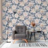 Papier peint floral Vintage bleu beige - papier peint fleuri rétro - papier peint intissé 