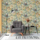 Papier peint fleuri Vintage Vert Jaune - papier peint rétro floral pastel - papier peint intissé 