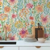 Papier peint fleuri Aquarelle Multicolore Vert - papier peint intissé floral - printanier 