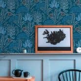 Papier peint à fleurs style rétro Bleu Blanc - papier peint intissé floral avec feuilles 