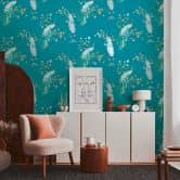Blumentapete mit Vögeln - Tapete Pfau Türkis Gelb - Florale Tapete Designer 