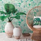 Naturtapete Hawaii Grün Weiß - Vliestapete Design - Blumentapete Floral 