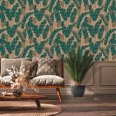 Blätter-Mustertapete leicht glänzend Beige Blau - Florale Tapete Pflanzen 