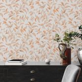 Blättertapete Orange Weiß - Florale Vliestapete - Tapete Wohnzimmer Schlafzimmer Küche 