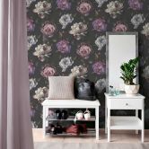 Florale Tapete mit Pfingstrosen Schwarz Lila – Elegante Blumentapete – Vliestapete 