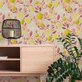 Papier peint citron rose jaune orange - Papier peint intissé moderne - fruits & feuilles 