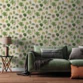 Papier peint palmier Beige Vert - Papier peint intissé illustré de plantes tropicales 