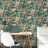 Exotisch behang kraanvogels beige groen rood - Vliesbehang met bladeren & bloesems 