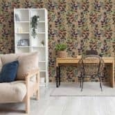 Papier peint intissé avec motifs de feuilles colorées sur fond beige 