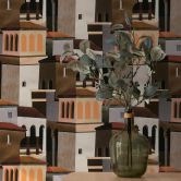 Papier peint intissé motif architectural multicolore dans les tons marron, ocre et terracotta 
