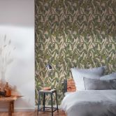 jungle tapet creme grøn - non-woven tapet blomstret med blade og blomster 