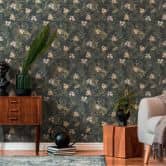 Pflanzen-Tapete mit Blüten Schwarz Grün - Vliestapete mit Blumen floral 
