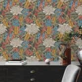 Vliestapete mit Dschungel-Muster Schwarz Grün - Tapete große Blüten bunt  