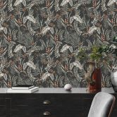 Dschungel-Mustertapete mit Gräsern Schwarz-Weiß - Tapete mit Blüten orange 