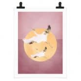Poster Weiß-goldene Kraniche am pinken Himmel - Aureous 