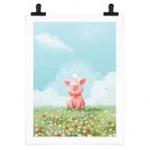 Poster Thaï - Petit cochon joyeux dans la prairie d'été 
