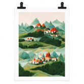Kinderposter Treechild - Kleines Dorf inmitten grüner Hügel 