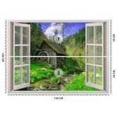 Fototapete Fenster - Blick auf eine Hütte im Wald 