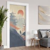 Sunrise over the pagoda door film - Roze - Self-adhesive door decoration 