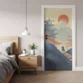Sunrise over the pagoda door film - Roze - Self-adhesive door decoration 
